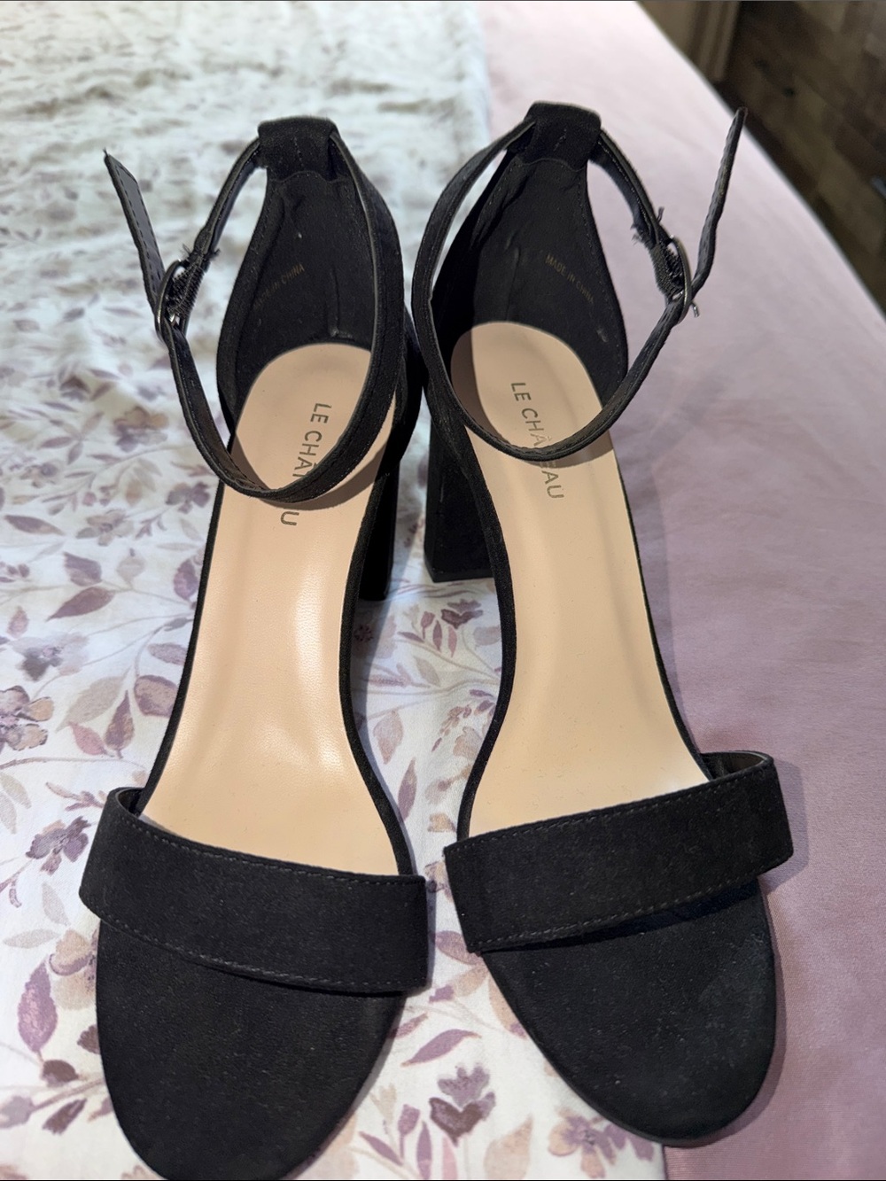le chateau Black Suede Ankle-Strap Block Heels
